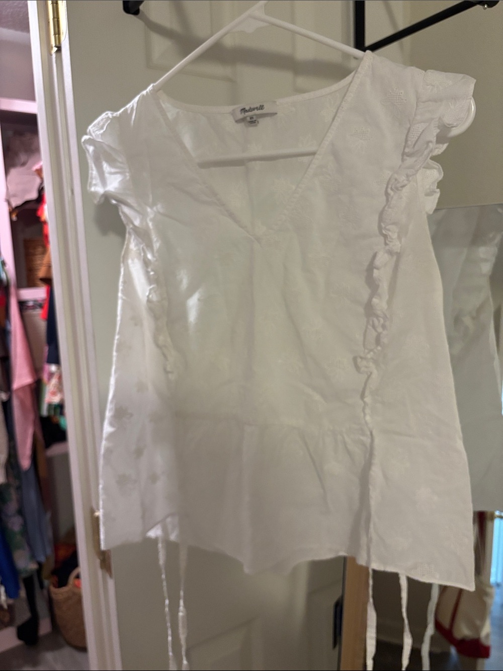 Madewell White V-Neck Ruffle Trim Top